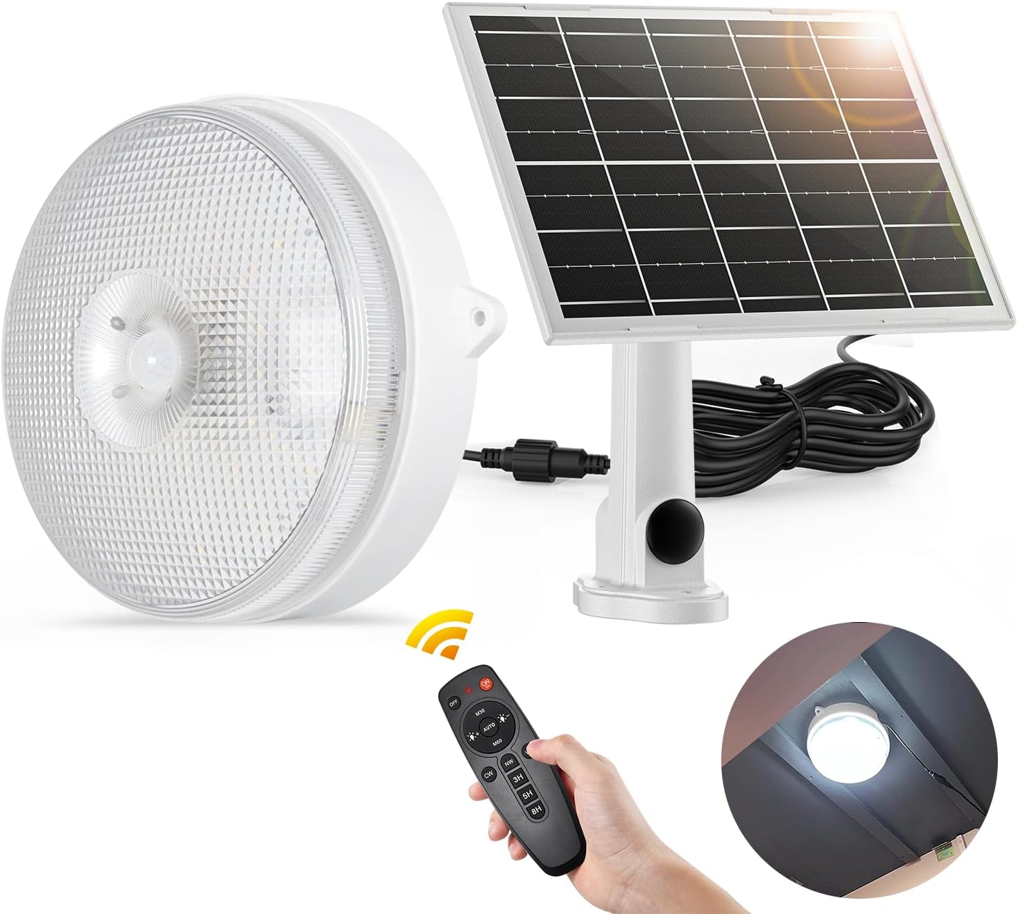 Solar Ceiling Light-Motion Sensor, 30S/60S Timer & 4 Modes &  with Remote & ON/Off Switch, Waterproof Indoor/Outdoor Solar Lights for Shed/Barn/Porch/Chicken Coop