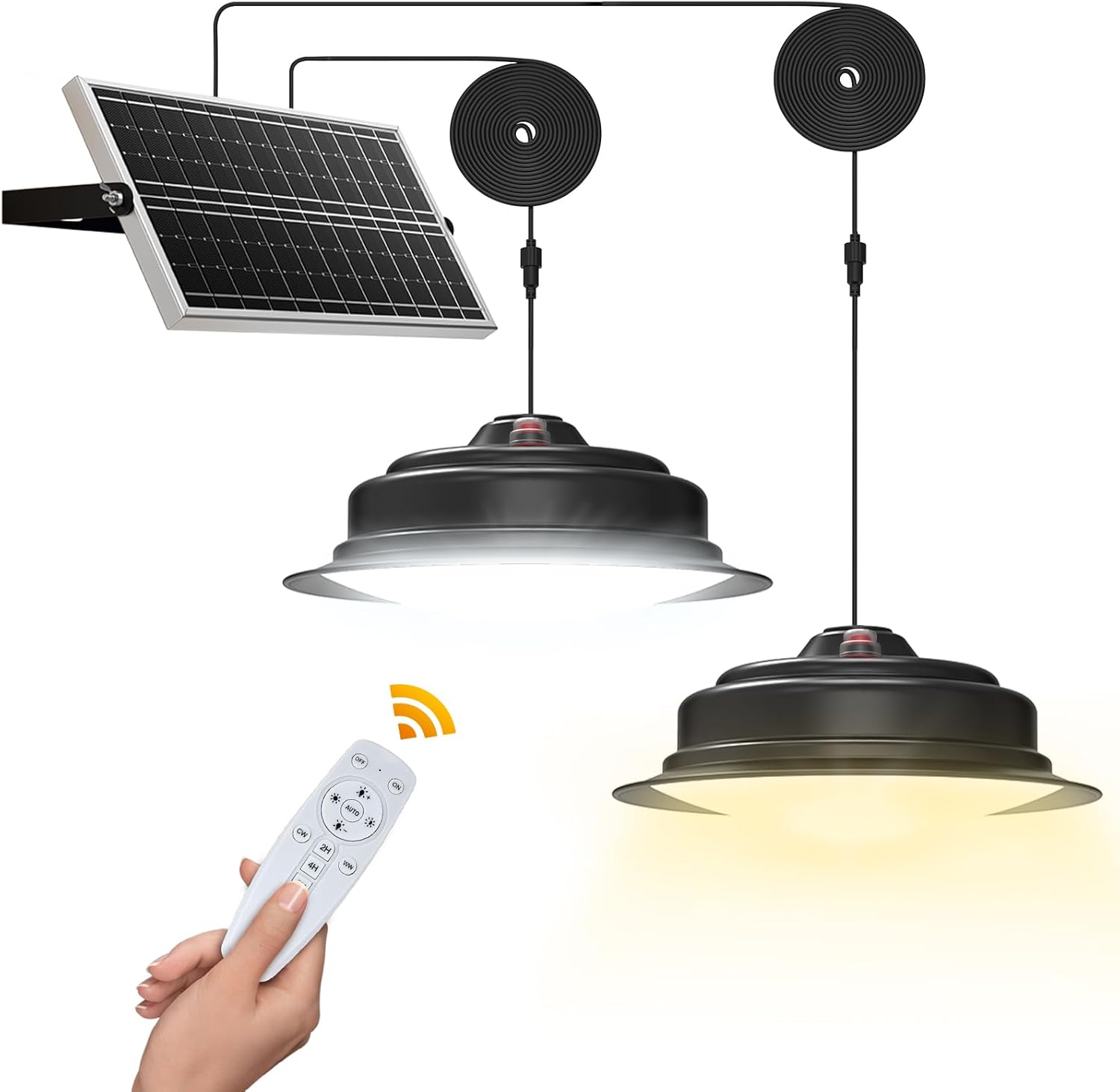 Sunbonar Solar Pendant Lights Indoor Outdoor 2 Pack Cool/Warm White Solar Shed Lights with ON/Off Switch & Remote